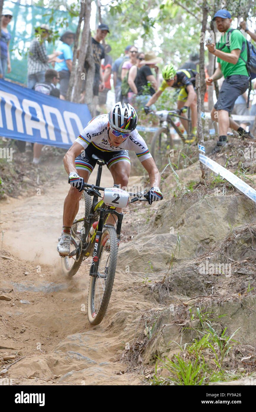 Cairns, Australia. 24th Apr, 2016. UCI Mountain Bike World Cup. Mens cross  country race. Winner Nino Schurter from Switzerland riding for SCOTT-ODLO  MTB RACING TEAM in the crocodile slide section. Credit: Action