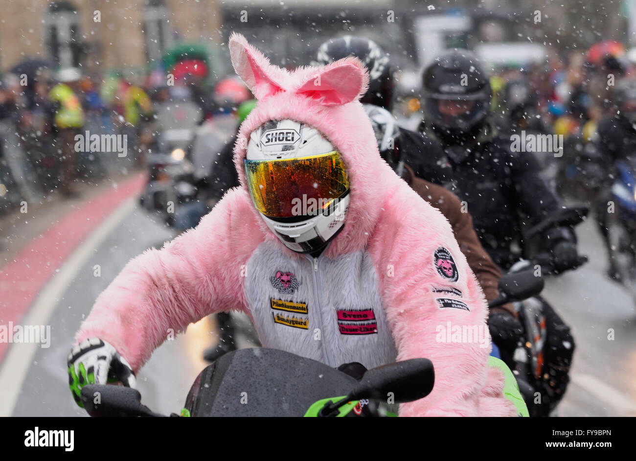 A motorcyclist wears a rabbit costume as he takes aprt in a  motorcycle procession through the town of Kulmbach, Germany, 24 April 2016. More than 1,000 motorcycle enthusiasts have come toegther for the traditional 16th 'Motorrad-Sternfahrt' (Motorcycle procession). Photo: Nicolas Armer/dpa ( Stock Photo