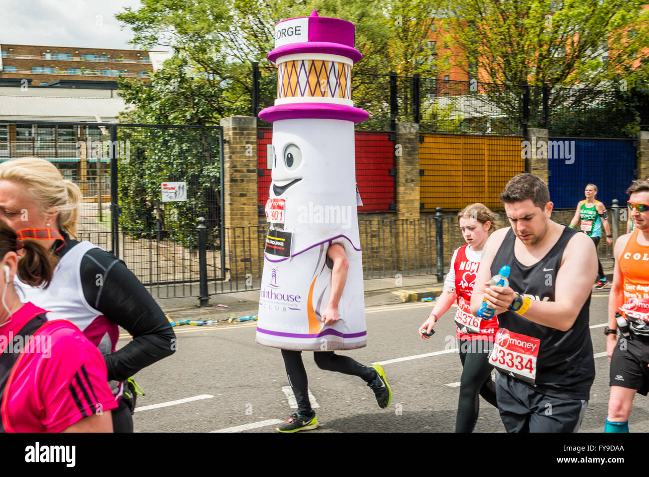 London, UK. 24th April, 2016. London Marathon 2016. Runners in great costumes. Lighthouse costume Credit:  Elena Chaykina/Alamy Live News Stock Photo