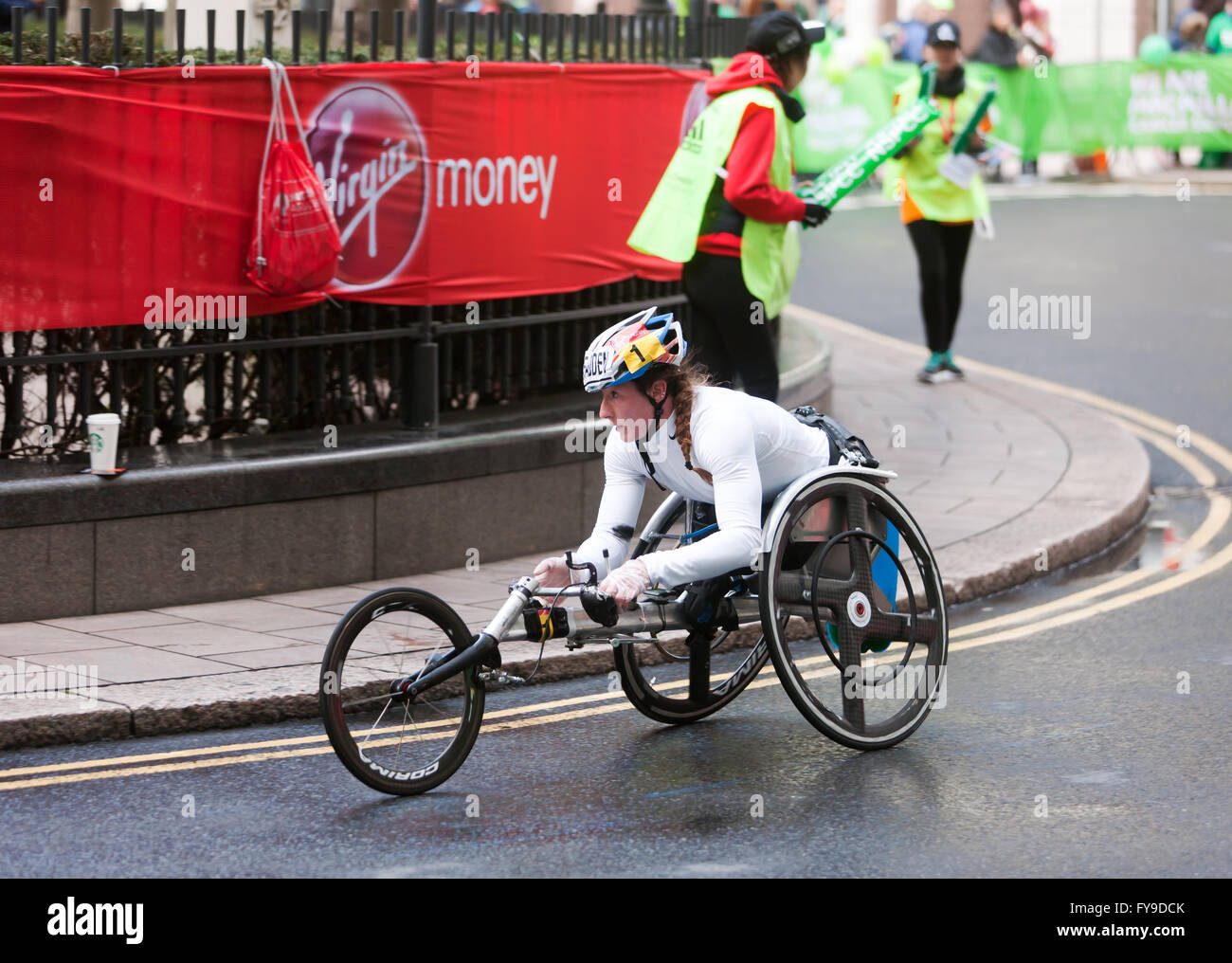 Tatyana McFadden,  between the 18th and 19th mile marker,  leading  the elite womens wheelchair field in the Virgin Money London Marathon 24.04.2016. Tatyana went on to win the race in a time of 01:44:14 Stock Photo