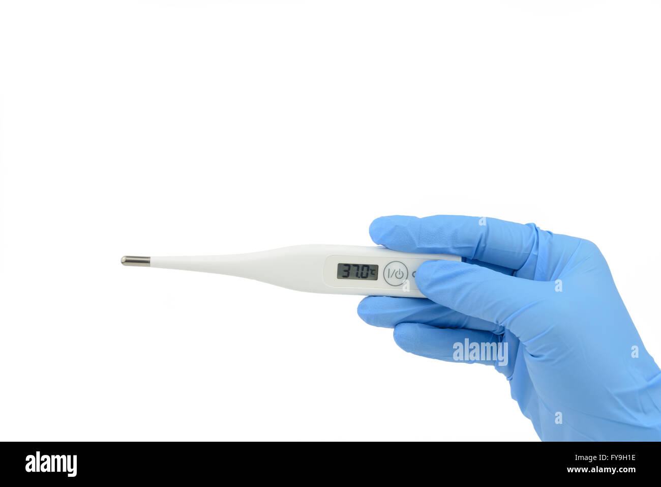 Digital thermometer in hand held, wearing blue nitrile glove, isolated white background Stock Photo