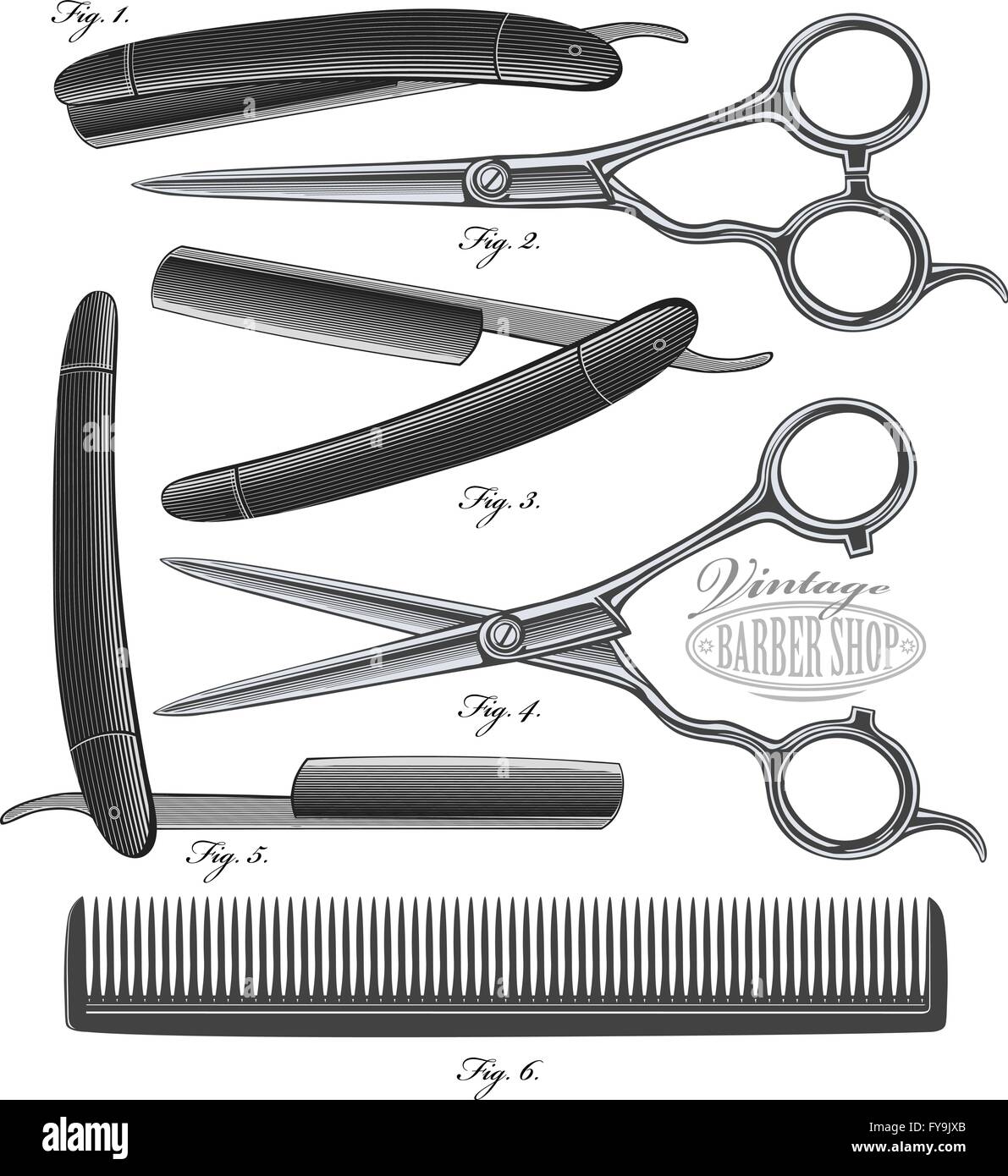Comb, Scissors and Razor in vintage engraving style Stock Vector