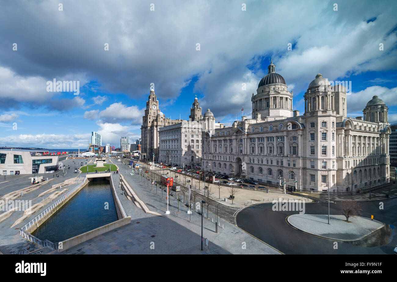 The Royal Liver, Cunard and Port of Liverpool Buildings ('The Three Graces') from  Museum of Liverpool, Pier Head, Liverpool, UK Stock Photo