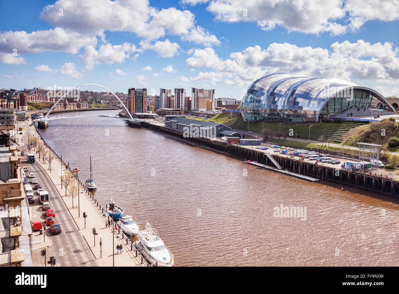 The River Tyne, the Gateshead Millennium Bridge,  the Gateshead Sage, and HMS Calliope, Tyne and Wear, England, UK Stock Photo