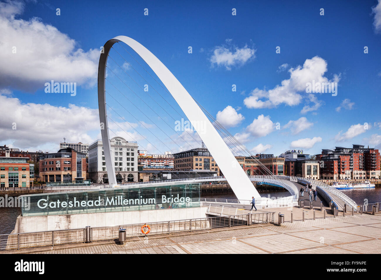 Millenium Bridge and Newcastle Quays from Gateshead Quays, Newcastle-upon-Tyne, Tyne and Wear, England, UK Stock Photo