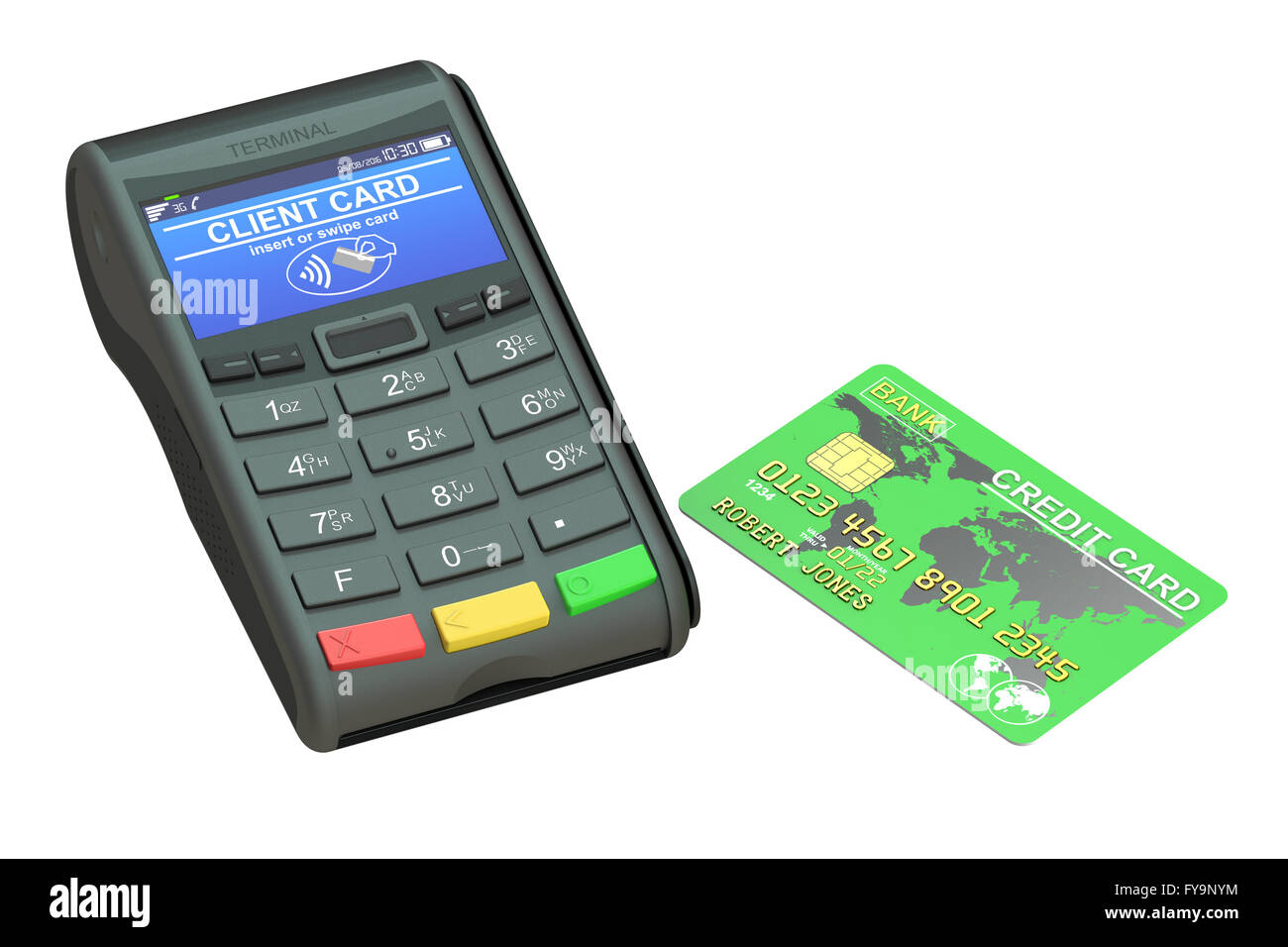 POS terminal and credit card, 3D rendering Stock Photo