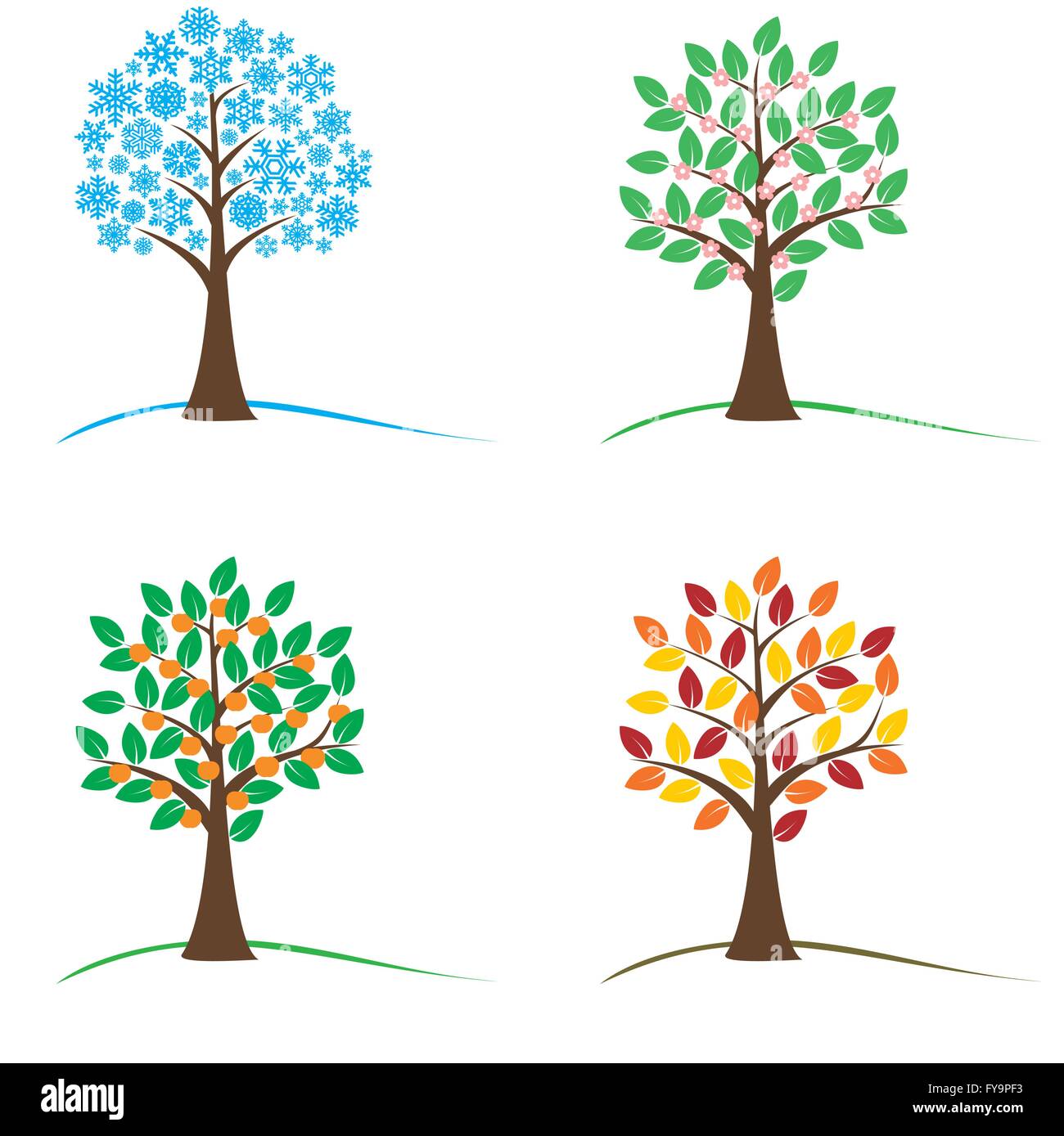 Tree in four seasons - spring, summer, autumn, winter. EPS8 vector illustration. Isolated on white background. Stock Vector