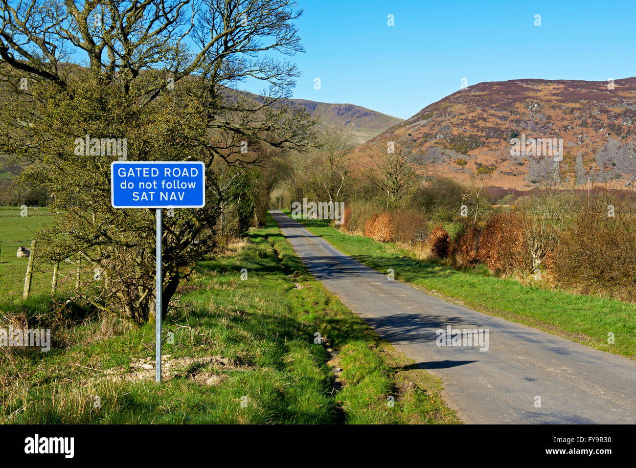 Sign Gated road, do not follow satnav, Cumbria, England UK Stock Photo