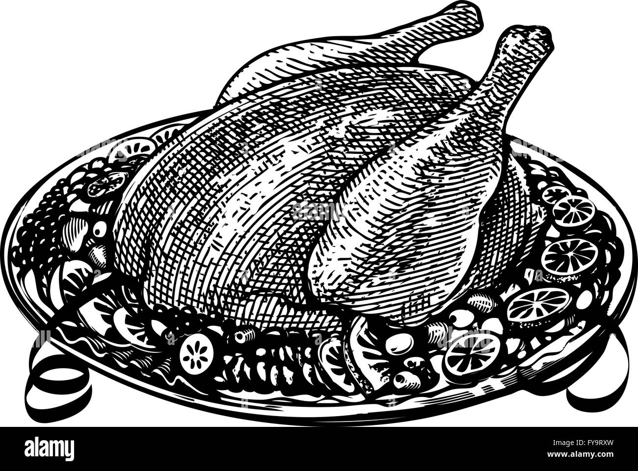 Whole Roasted turkey on  decorated platter with garnish Stock Vector