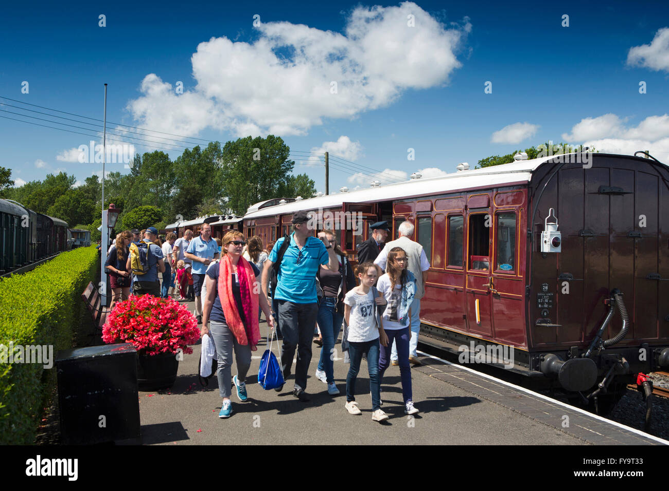 UK, East Sussex, Bodiam, passengers on Kent & East Sussex Railway station platform Stock Photo