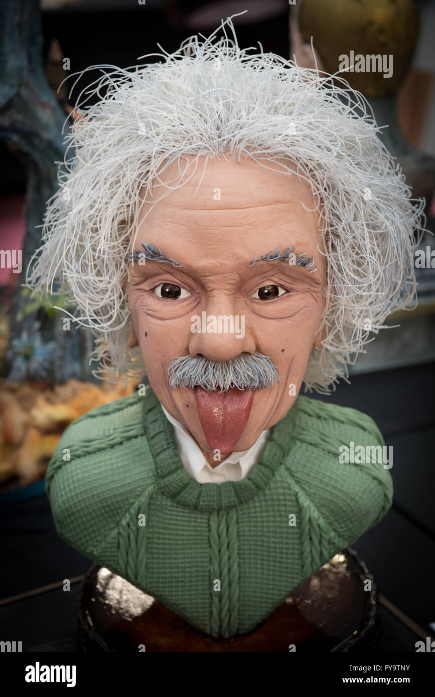 Albert Einstein tongue out inspired cake at Cake International – The Sugarcraft, Cake Decorating and Baking Show in London. Stock Photo