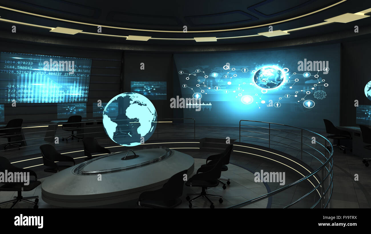 Futuristic office with holographic screens Stock Photo - Alamy