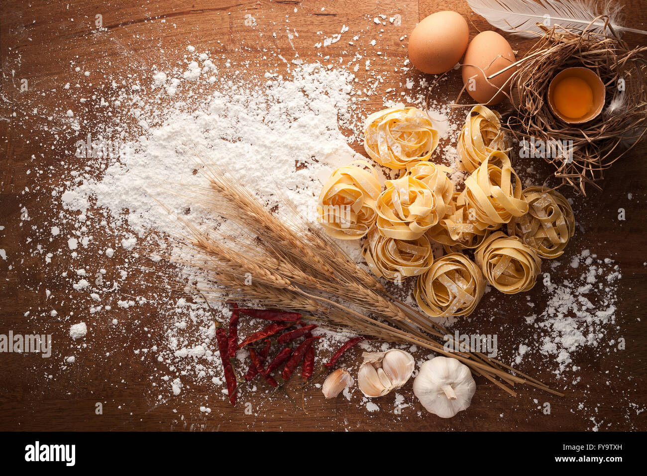 fettuccine pasta italian food still life rustic flat lay wood