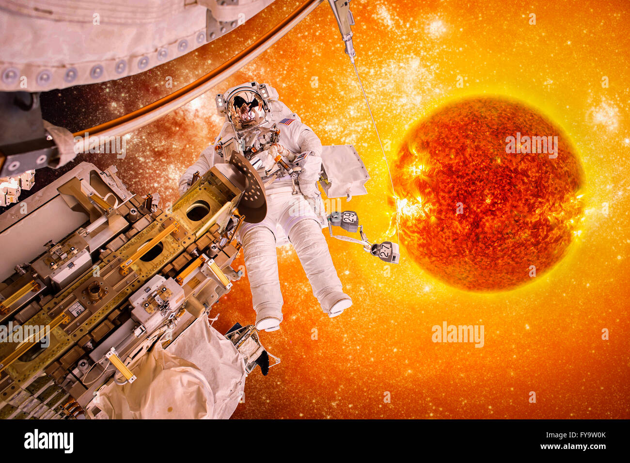 Spacecraft and astronauts in space on background sun star. Elements of