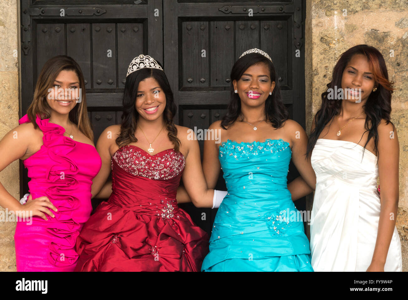 young girls dressed for their 15th birthday, the  Quinceanera or Quince celebration,  Santo Domingo,  Dominican Republic, Carri Stock Photo
