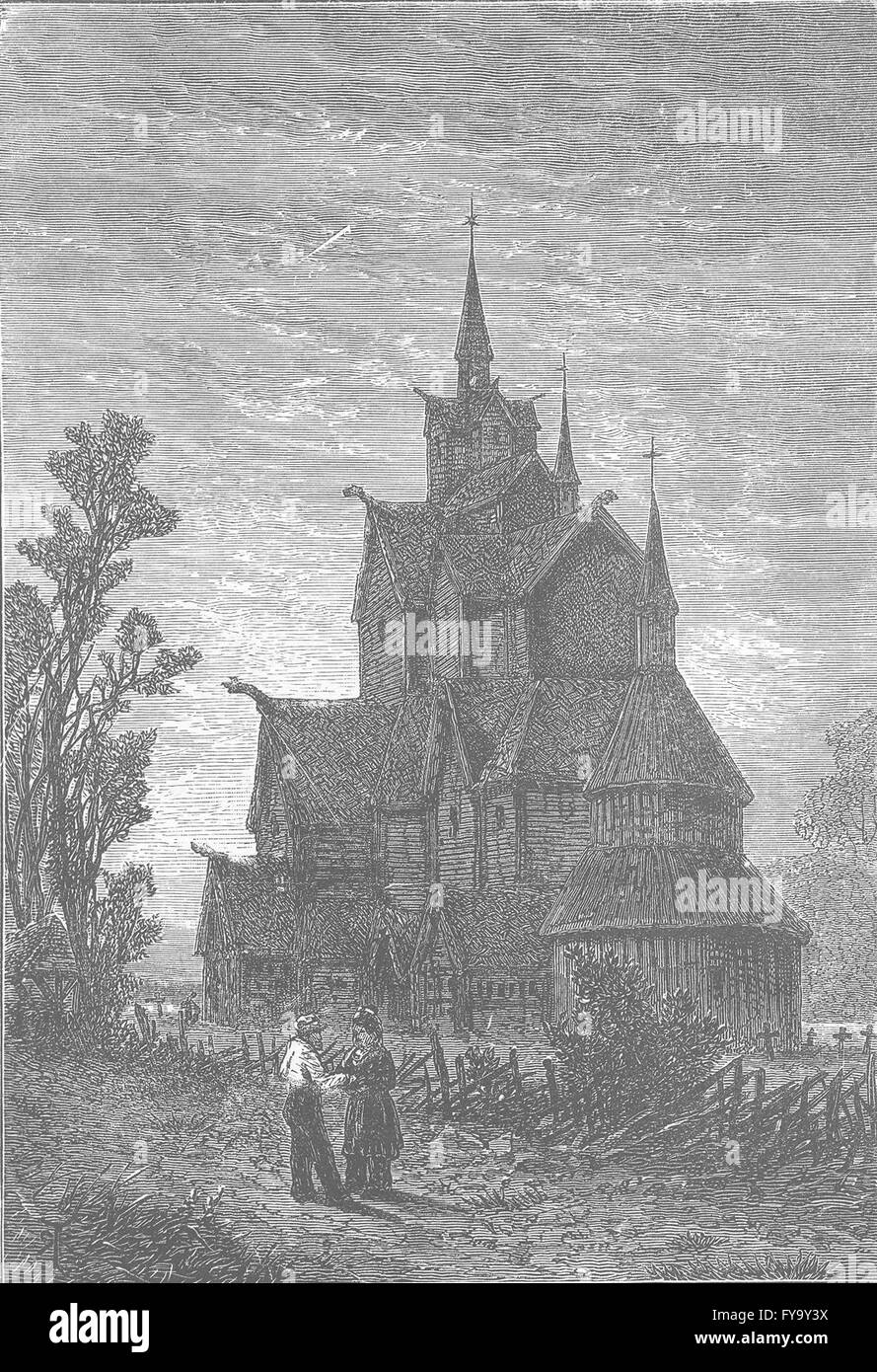 NORWAY Hitterdal Church, antique print 1890 Stock Photo Alamy