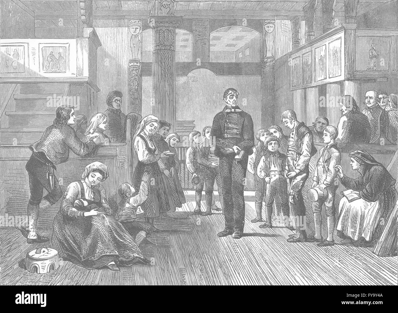 Schoolmaster catechising in hitterdal church Black and White Stock