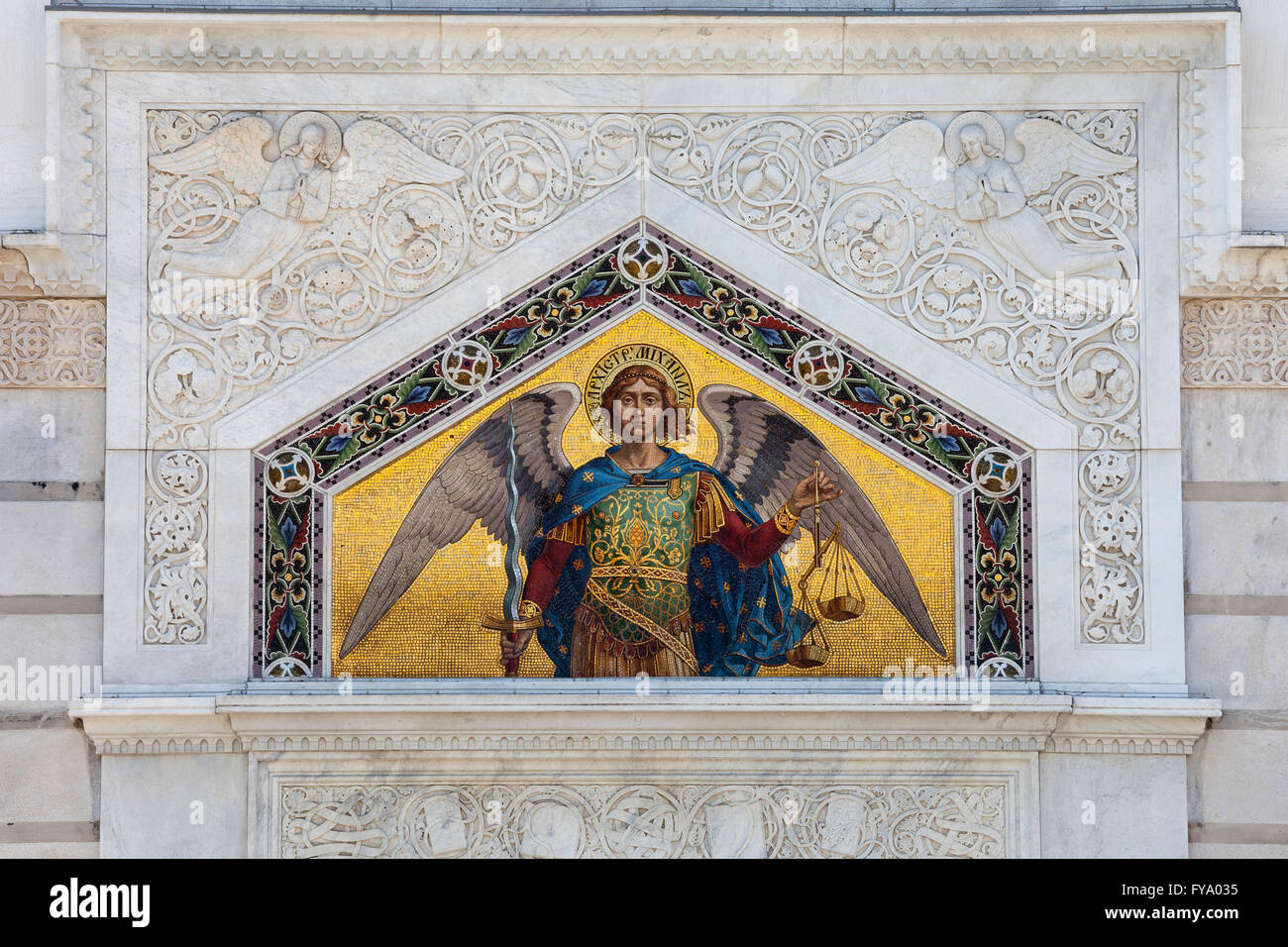 Mosaic on the facade, Serbian Orthodox church Saint Spyridon Church, Piazza Sant Antonio, Trieste, Friuli-Venezia Giulia, Italy Stock Photo