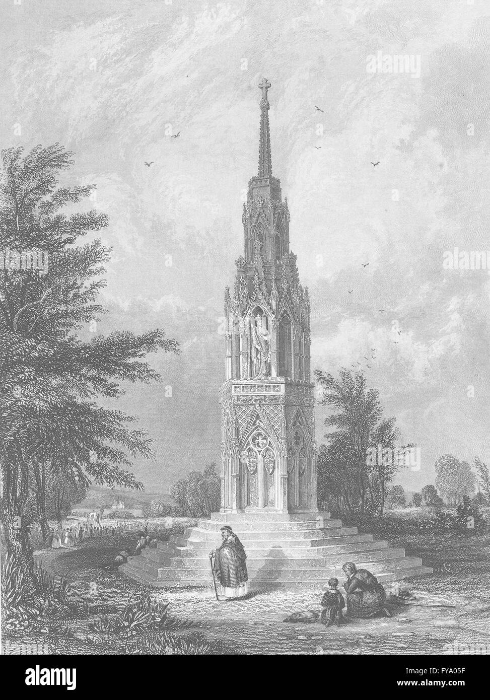 HERTS: Waltham Cross: As it was c 1300, antique print 1836 Stock Photo