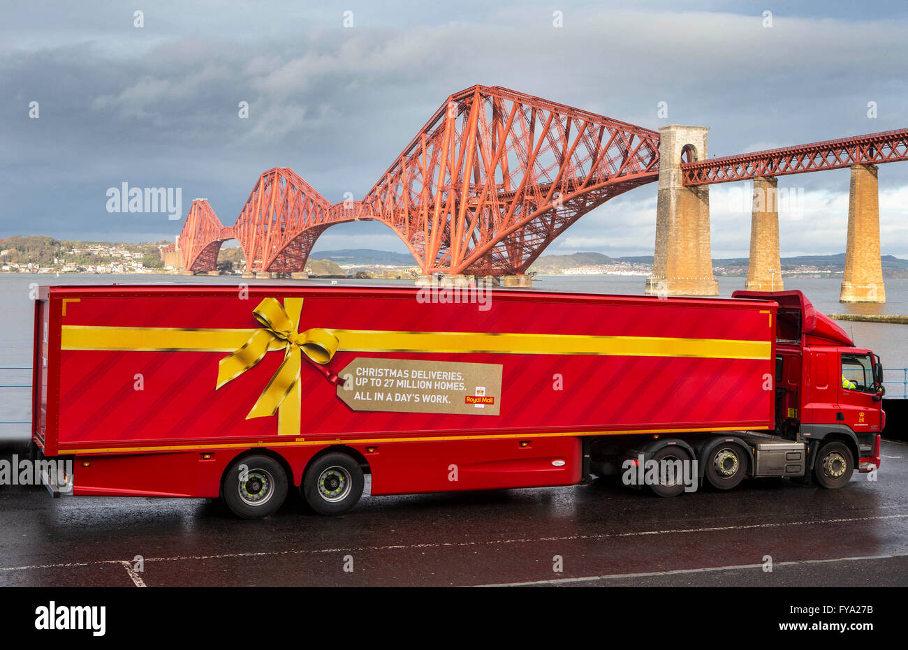 Forth Rail bridge with articulated lorry below Stock Photo