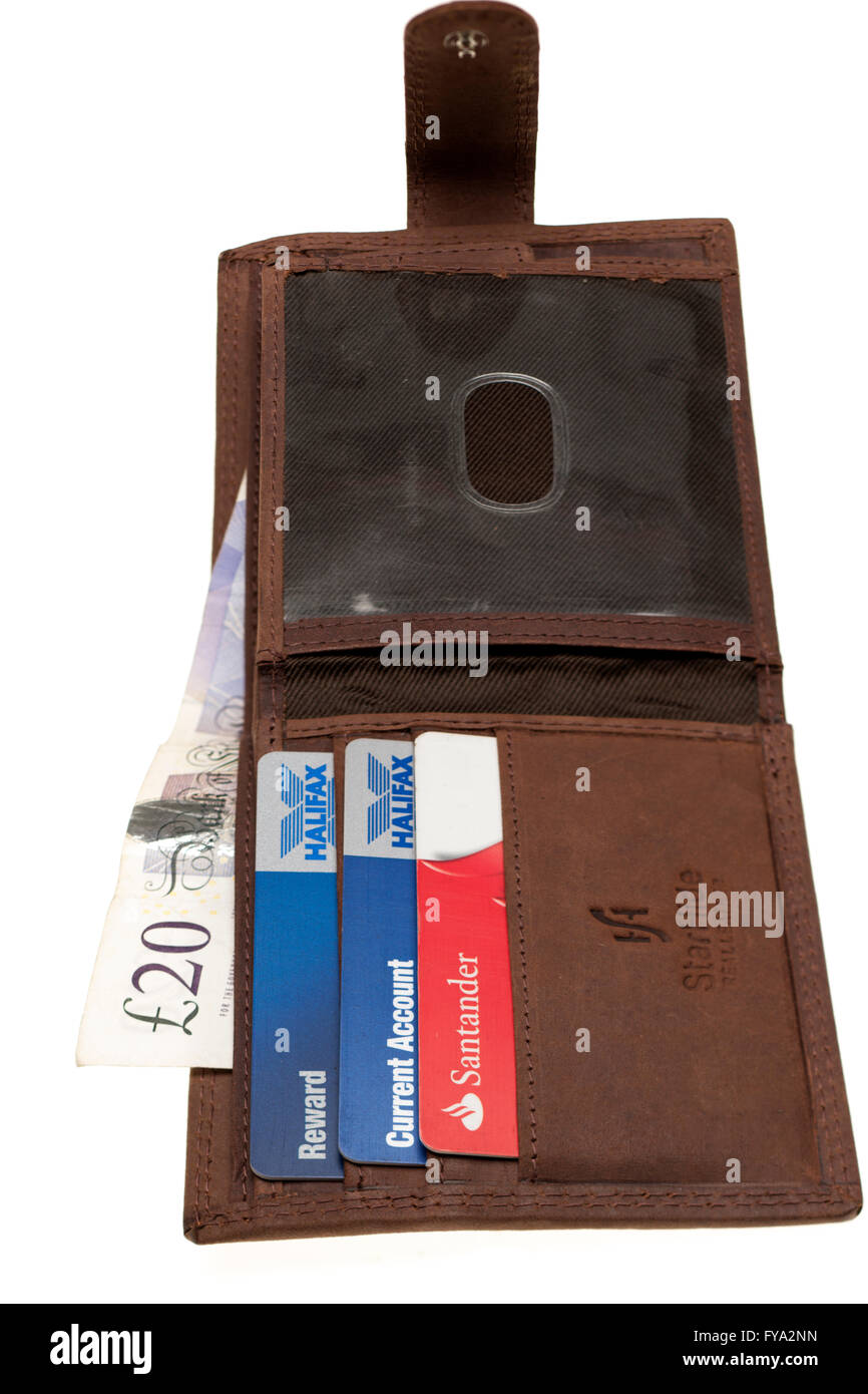 Starhide press stud distressed leather mens brown Wallet £20 note and three credit cards Stock Photo