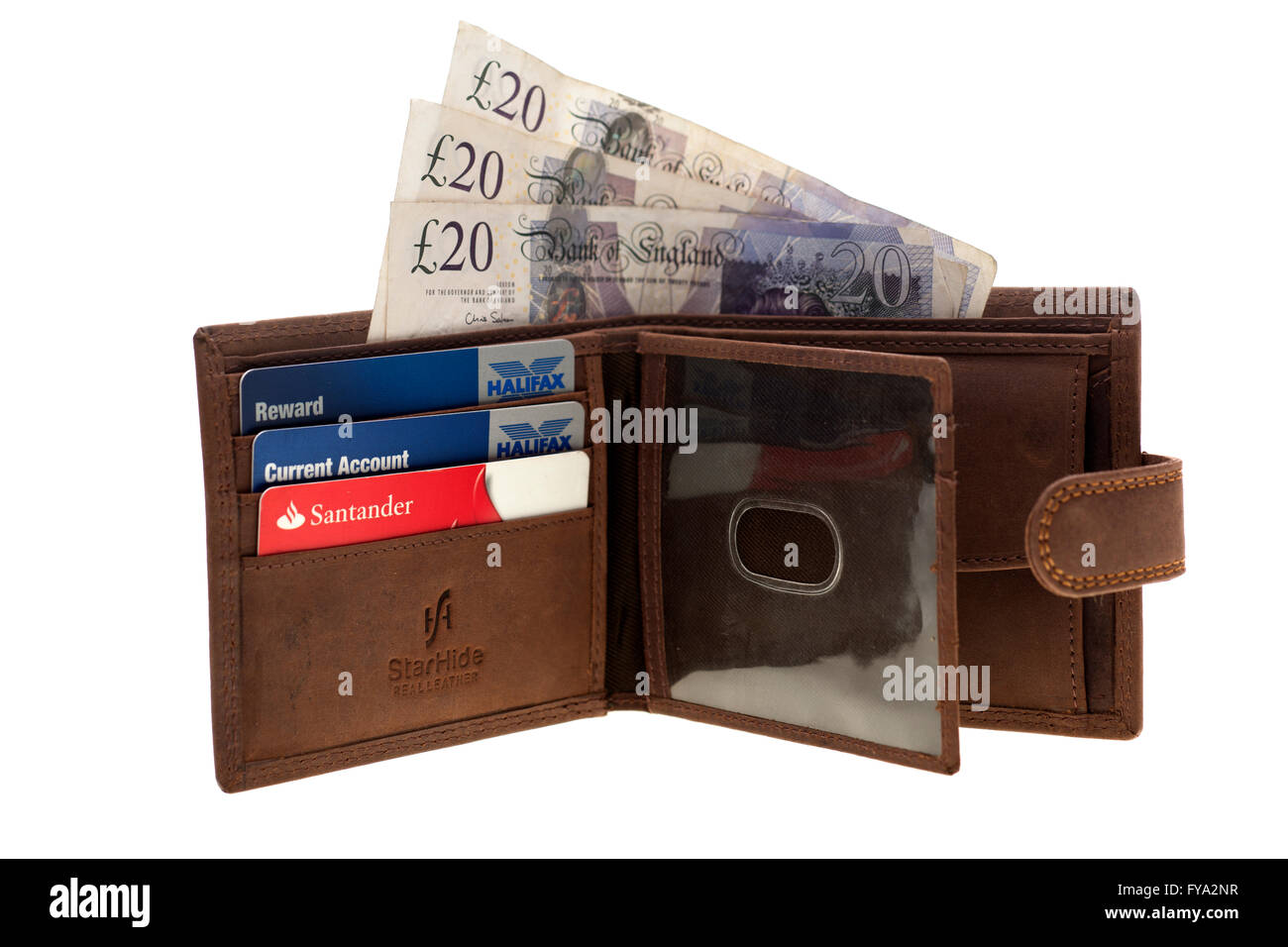 Starhide press stud distressed leather mens brown Wallet 3 £20 notes and three credit cards Stock Photo