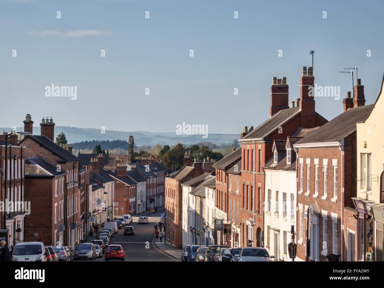 Ludlow, Shropshire, UK. A view down Corve Street towards the surrounding hills and countryside of South Shropshire Stock Photo