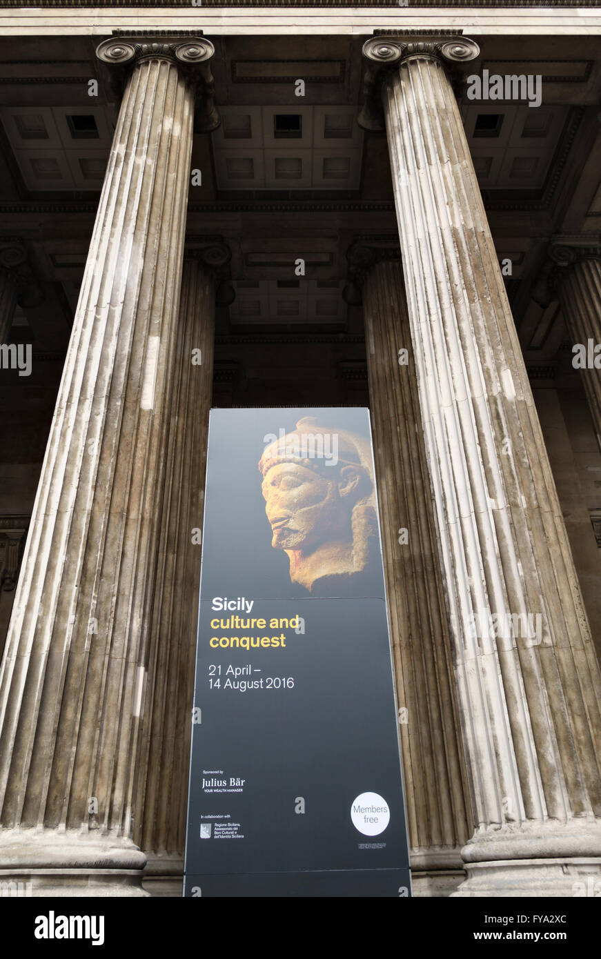 The British Museum, London, UK. Poster advertising the exhibition 'Sicily: Culture and Conquest' (21st April - 14th August 2016) Stock Photo