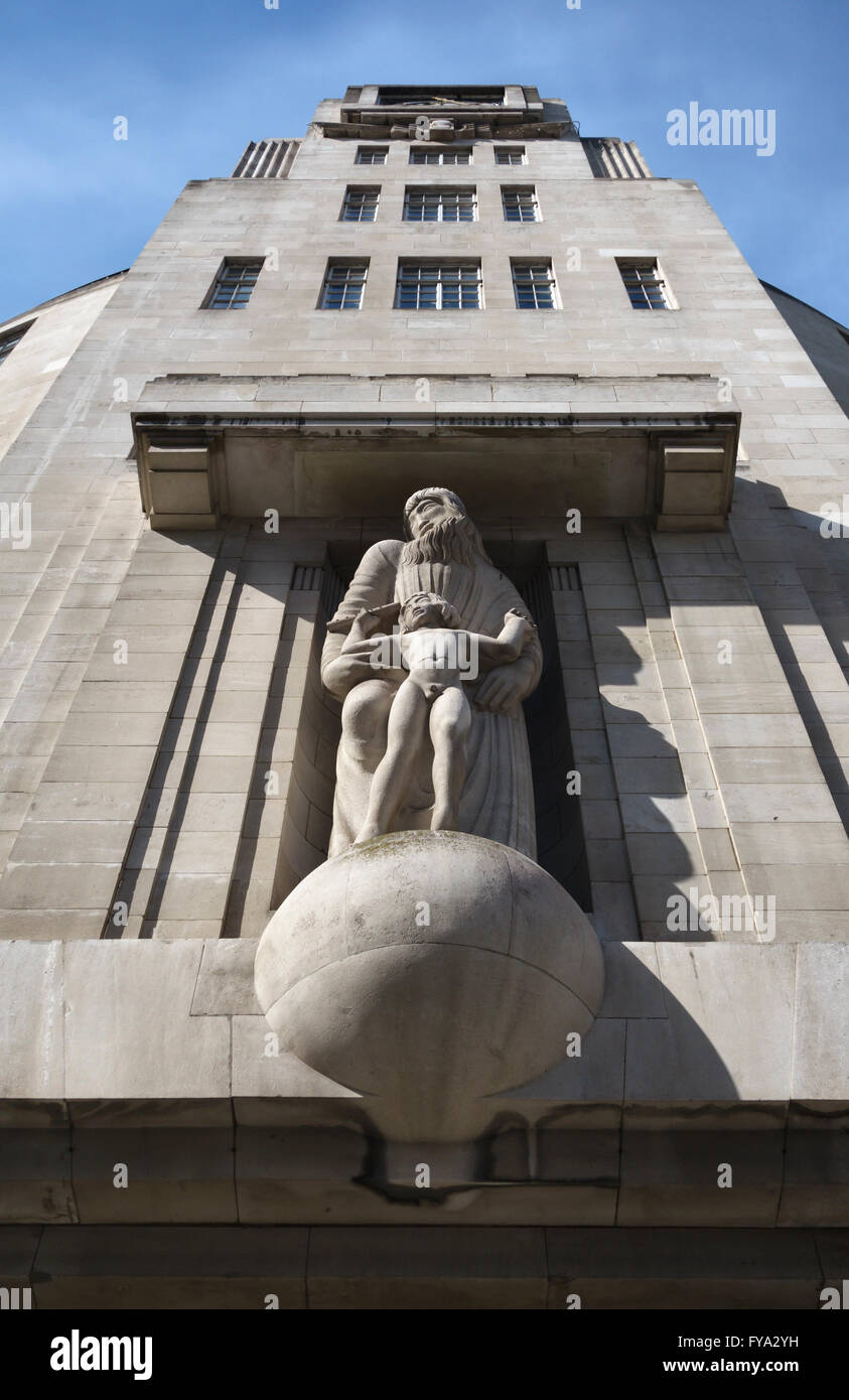 Broadcasting House, London. The Art Deco headquarters of the BBC, completed in 1932. 'Ariel and Prospero' by Eric Gill (1933) Stock Photo