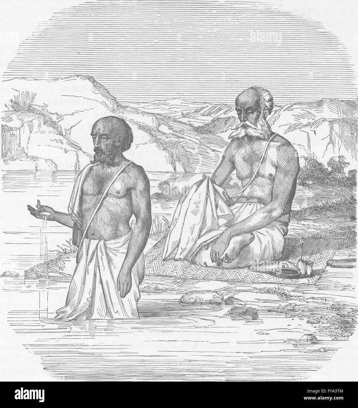 INDIA: Brahmins worshipping the Ganges, antique print 1892 Stock Photo