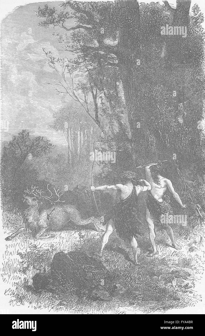 ANIMALS: Chase of the reindeer during the Palaeolithic Epoch, old print 1893 Stock Photo
