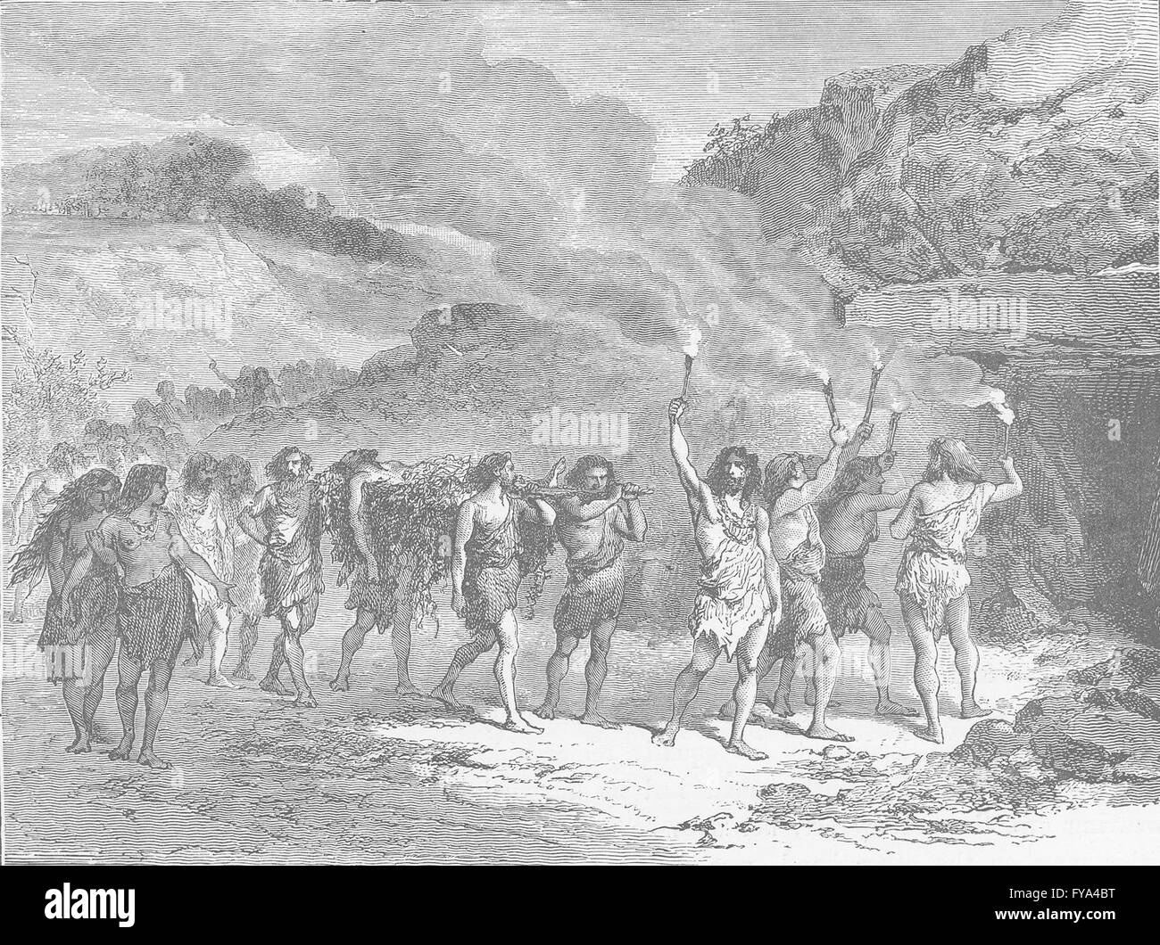 PREHISTORIC: Funeral ceremony during the Palaeolithic Epoch, old print 1893 Stock Photo
