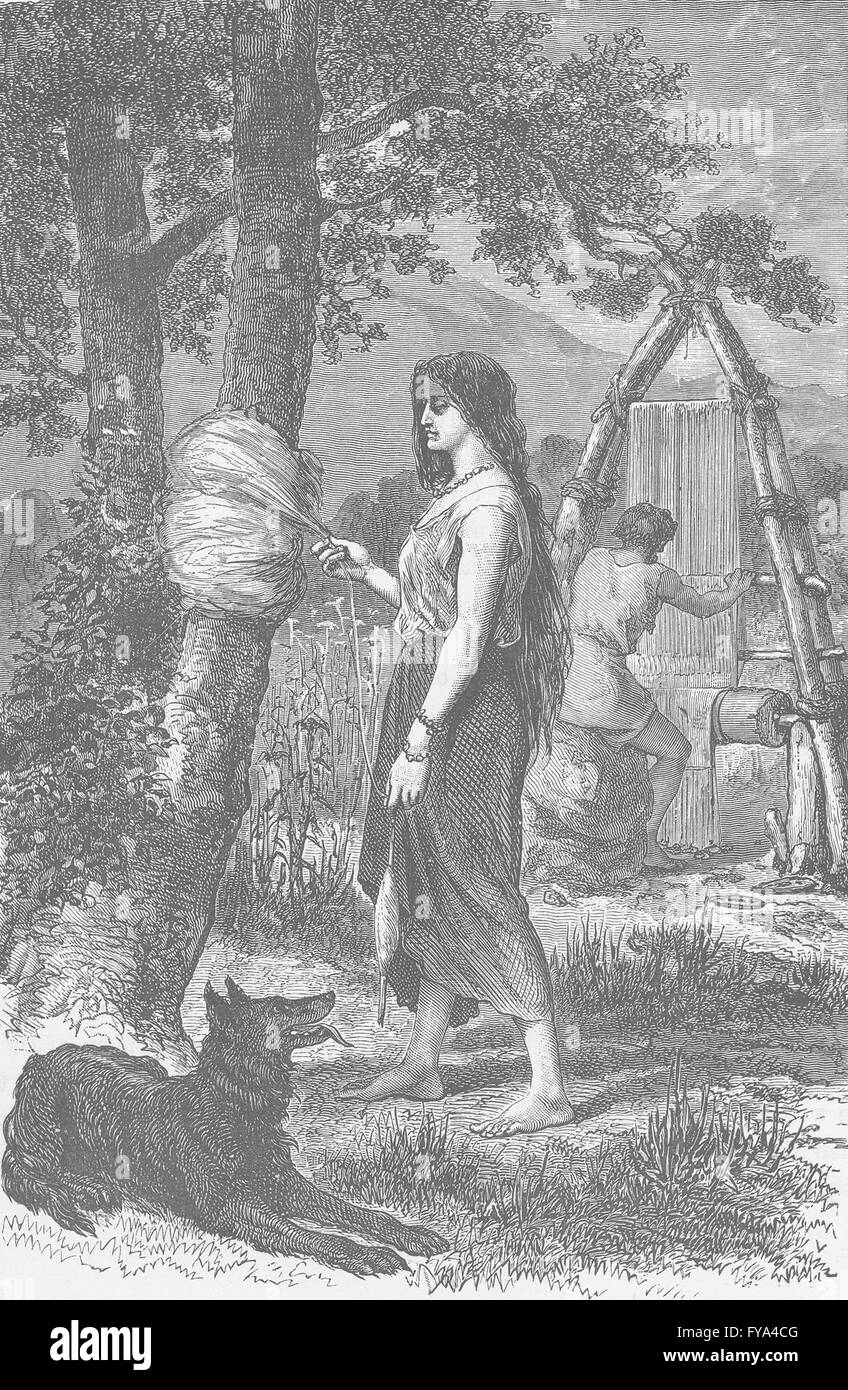 BRONZE AGE: The first weaver, antique print 1893 Stock Photo