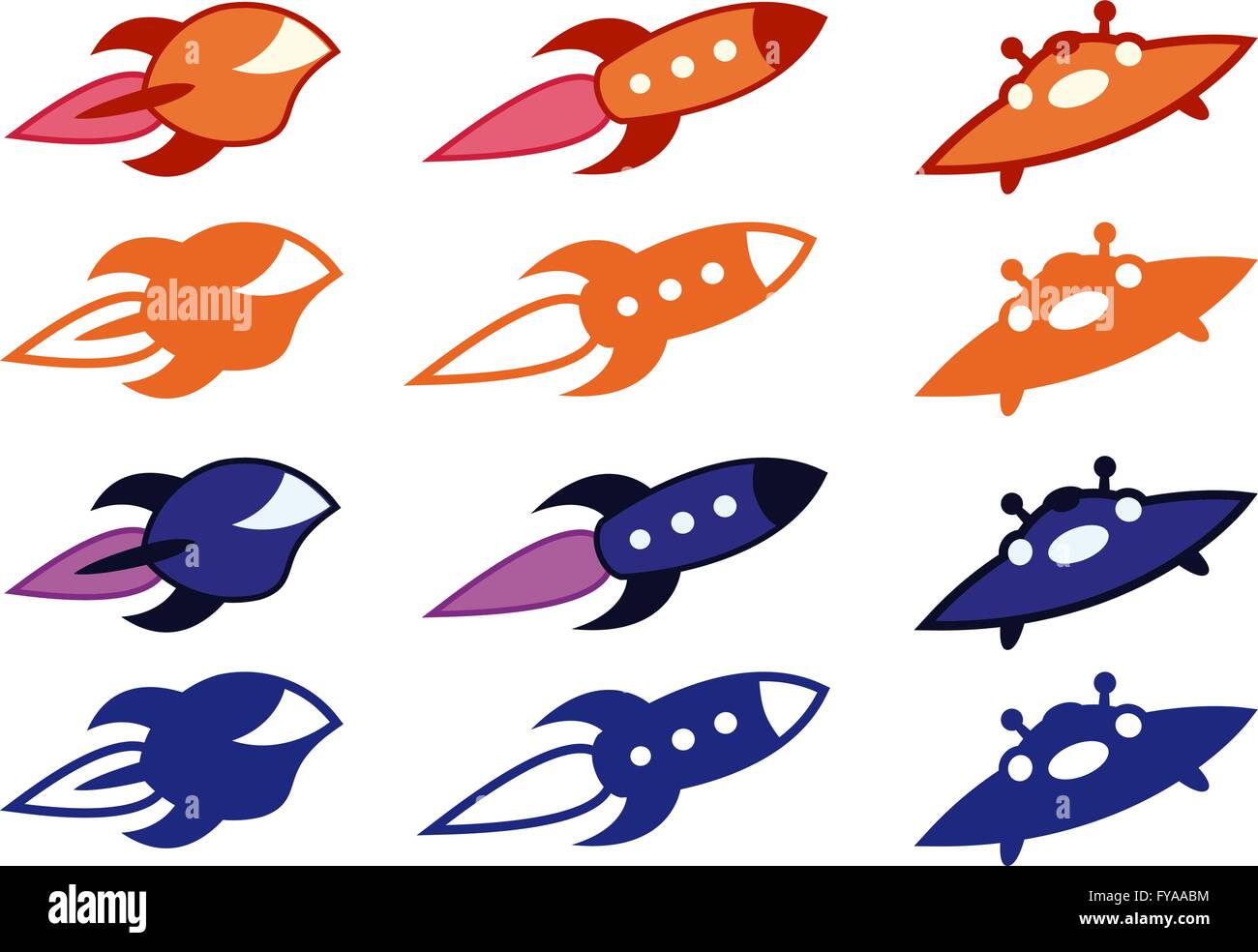 Cartoon vector spaceships, rockets and ufos icon set design. Graphic resources to improve your artwork with high-quality icons Stock Vector