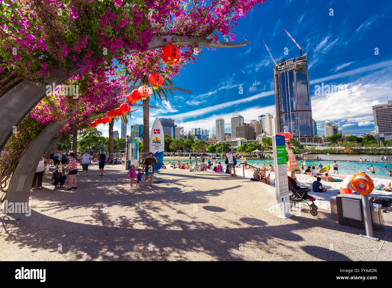 BRISBANE, AUS APRIL 17 2016 Streets Beach in South Bank Parkland. It's innercity manmade BRISBANE, AUS APRIL 17 2016 Streets Beach in South Bank Parkland. It's innercity manmade