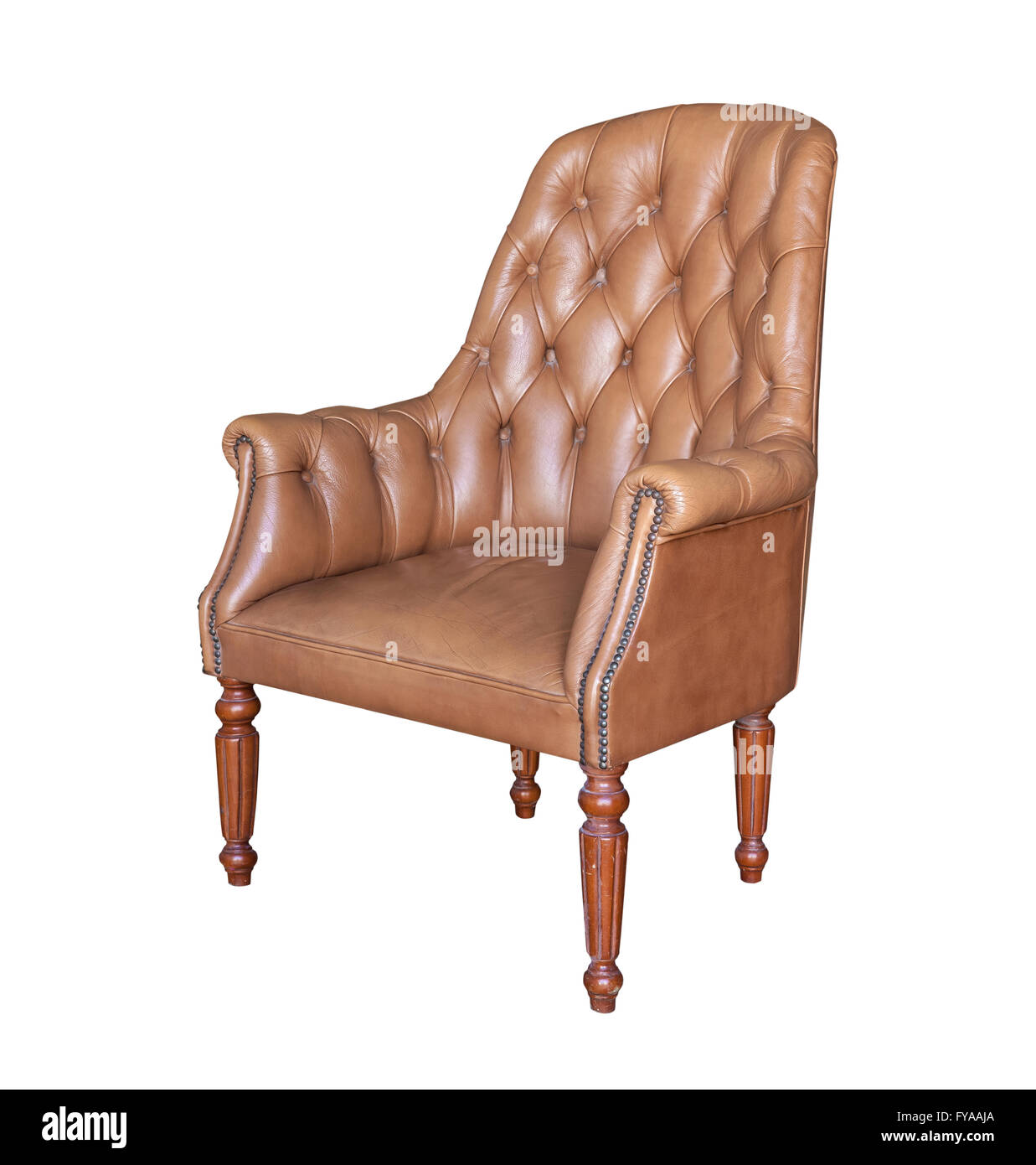 Vintage brown leather armchair isolated Stock Photo