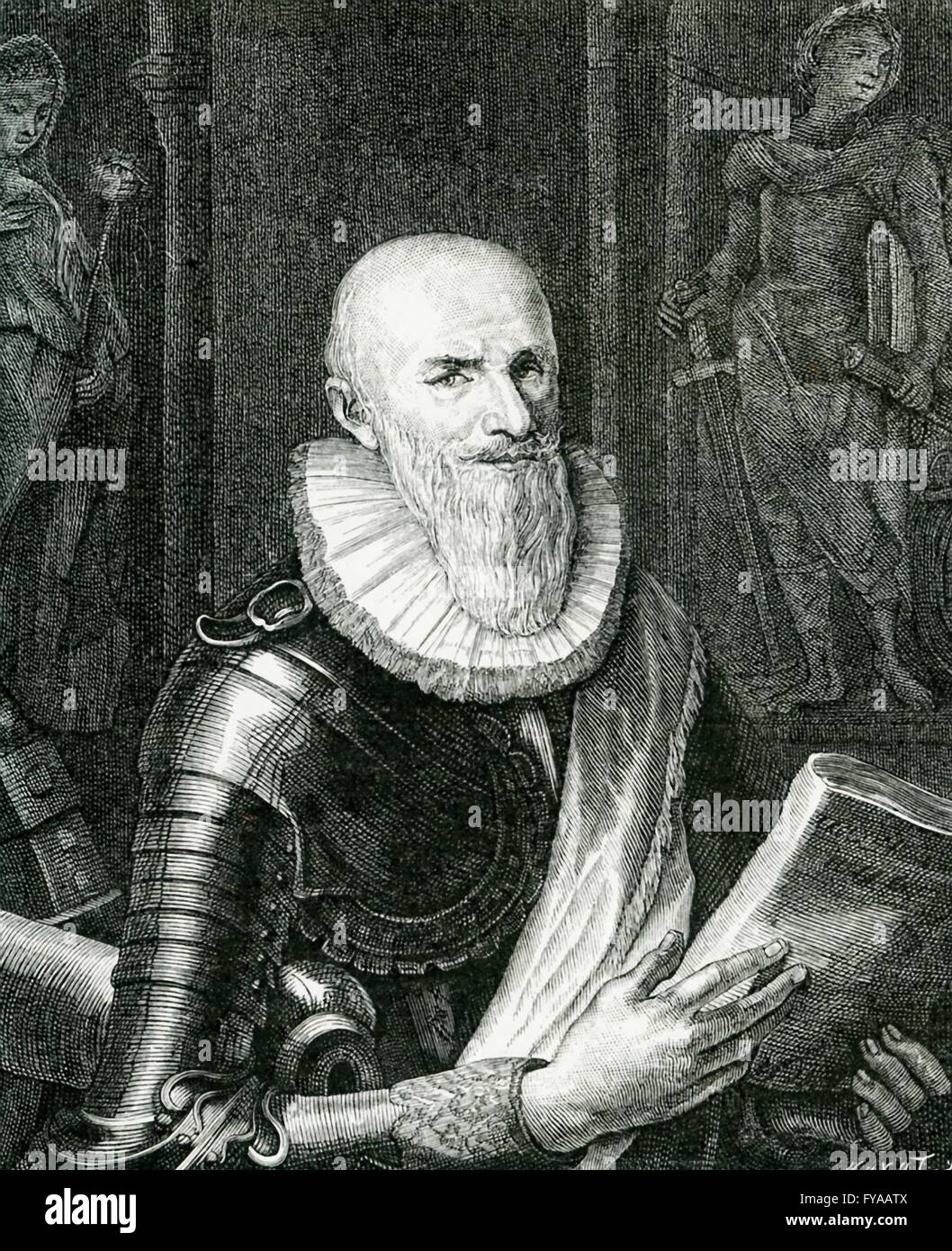 Maximilien de Bethune, duke of Sully,  (1560-1641) was a French noble, soldier, and statesman. He was also a key official and adviser to the French king Henry IV and helped him build a strong centralized government. He served as superintendent of finances and grand master of the artillery of France. The text that accompanied this print, reads: The head, after the portrait of the Flemish painter Pourbus that belonged to the Duke de Sully. It was designed by Gabriel de Saint-Aubin and engraved by Chenu. Stock Photo