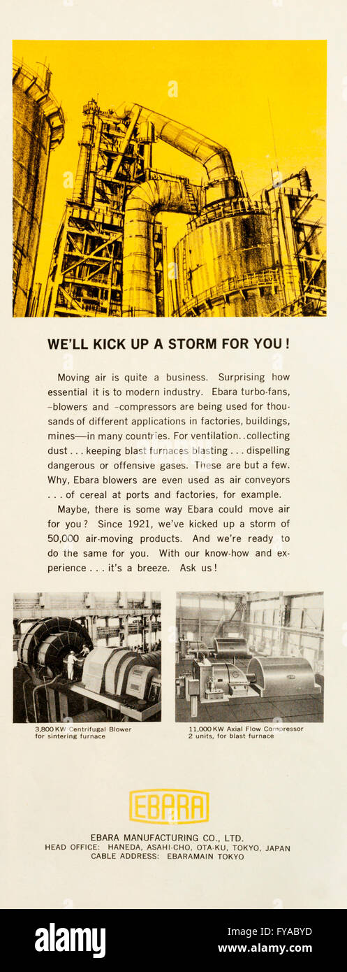 1960s magazine advertisement advertising Ebara industrial and manufacturing equipment. Stock Photo