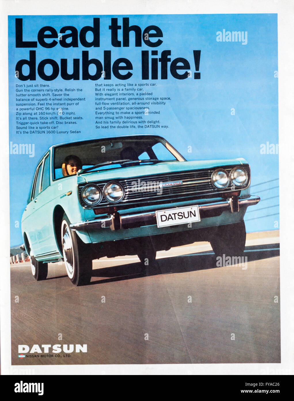 1960s magazine advertisement advertising the Datsun 1600 car. Stock Photo