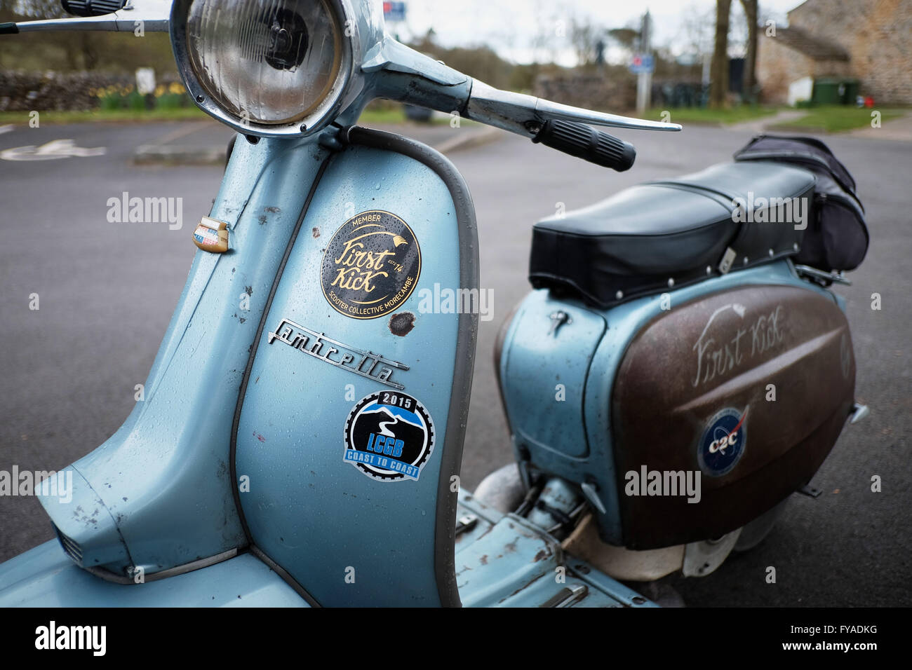 Vintage Innocenti Lambretta 125 Special scooter in factory blue with  stickers and engine cover modification parked Stock Photo - Alamy