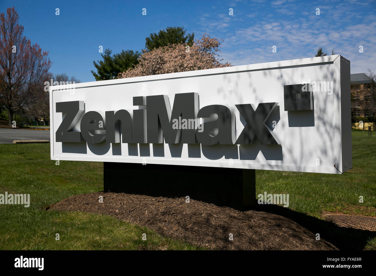 A logo sign outside of the headquarters of ZeniMax Media, parent