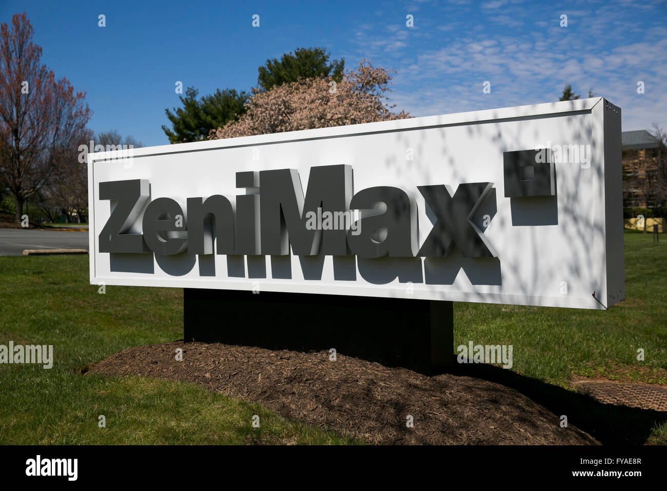 A logo sign outside of the headquarters of ZeniMax Media, parent company of Bethesda Softworks, in Rockville, Maryland on April  Stock Photo