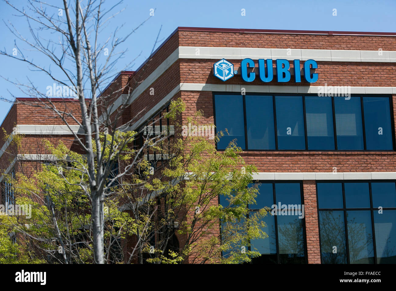 A logo sign outside of a facility occupied by the Cubic Corporation on April 16, 2016 in Alexandria, Virginia. Stock Photo