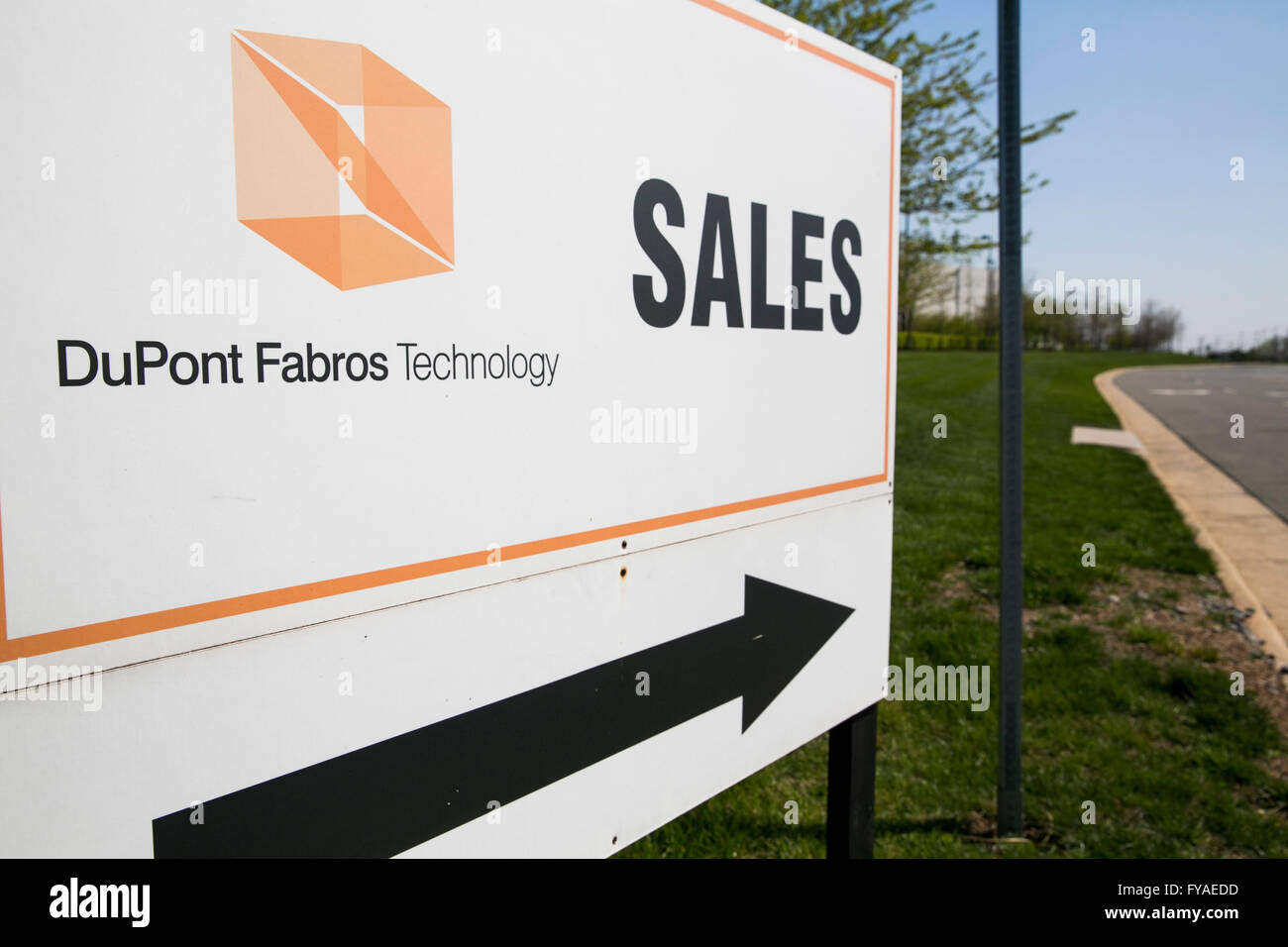 A logo sign outside of a data center operated by DuPont Fabros Technology Inc., in Ashburn, Virginia on April 16, 2016. Stock Photo