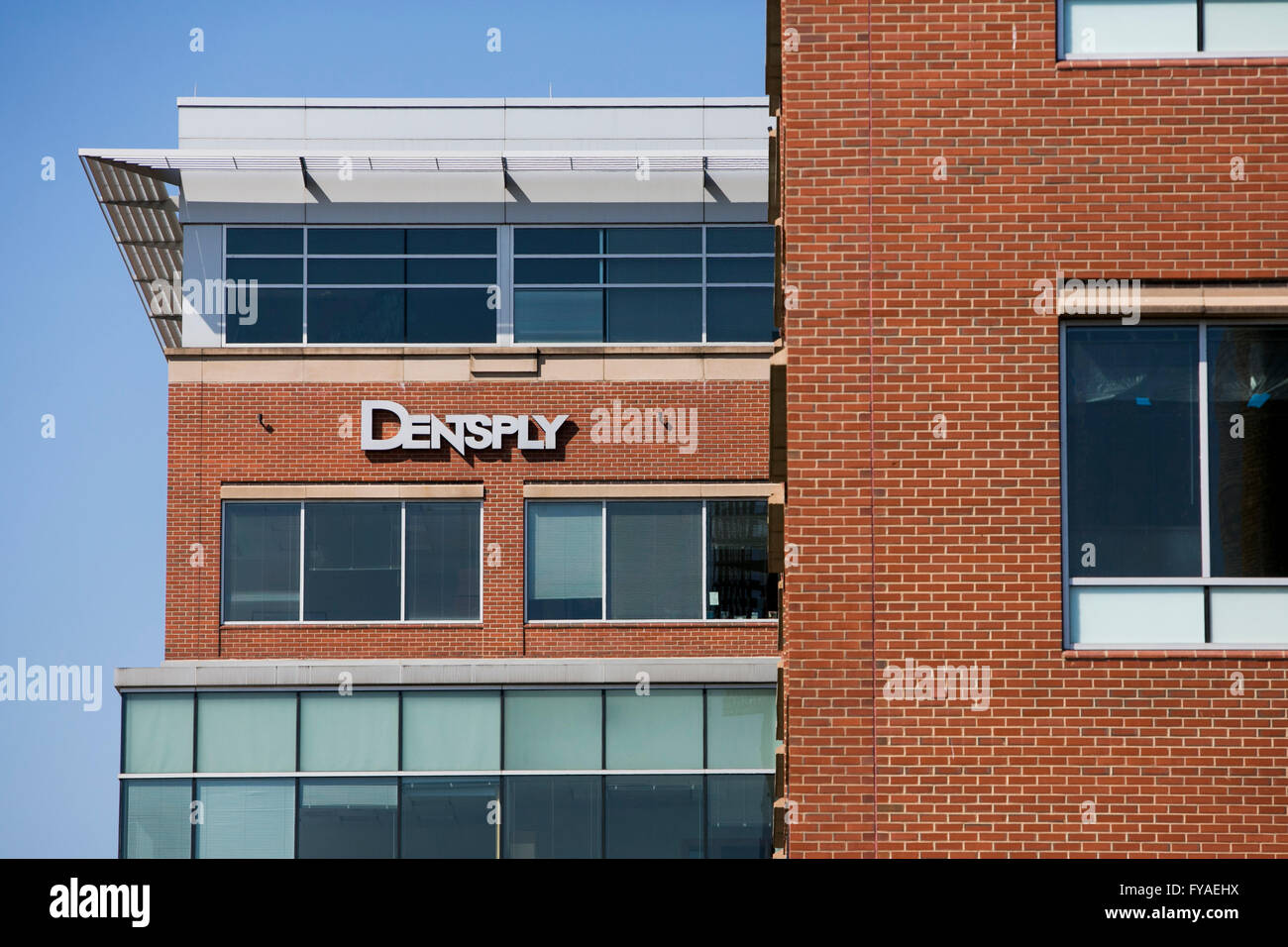 A logo sign outside of the headquarters of Dentsply Sirona in York