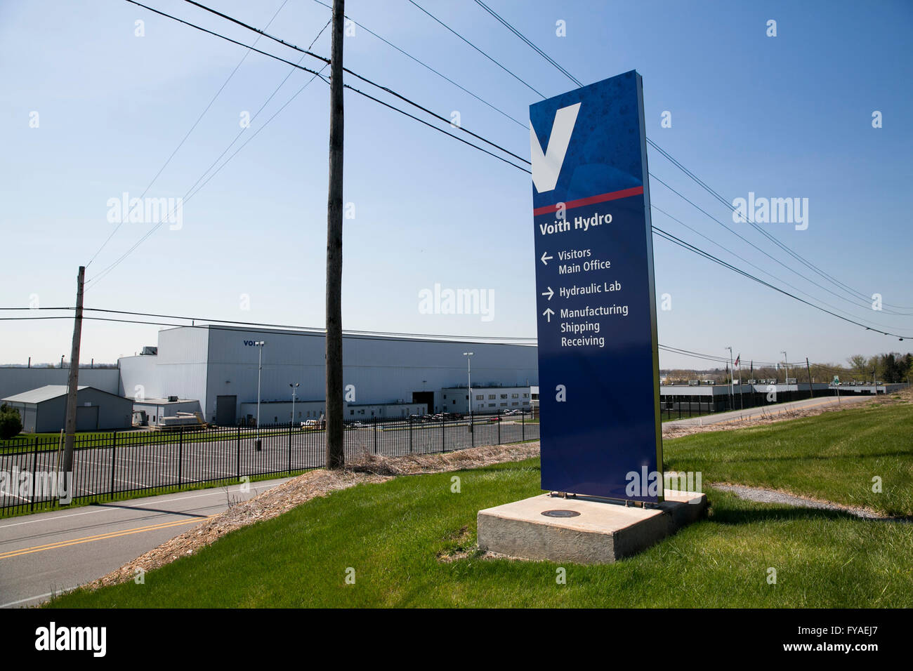 A logo sign outside of the headquarters of Voith Hydro in York, Pennsylvania on April 17, 2016. Stock Photo