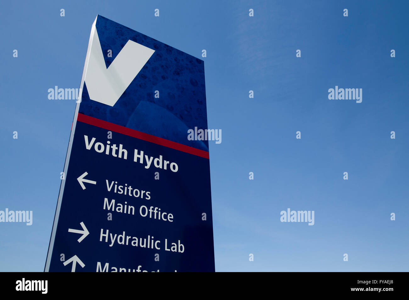 A logo sign outside of the headquarters of Voith Hydro in York