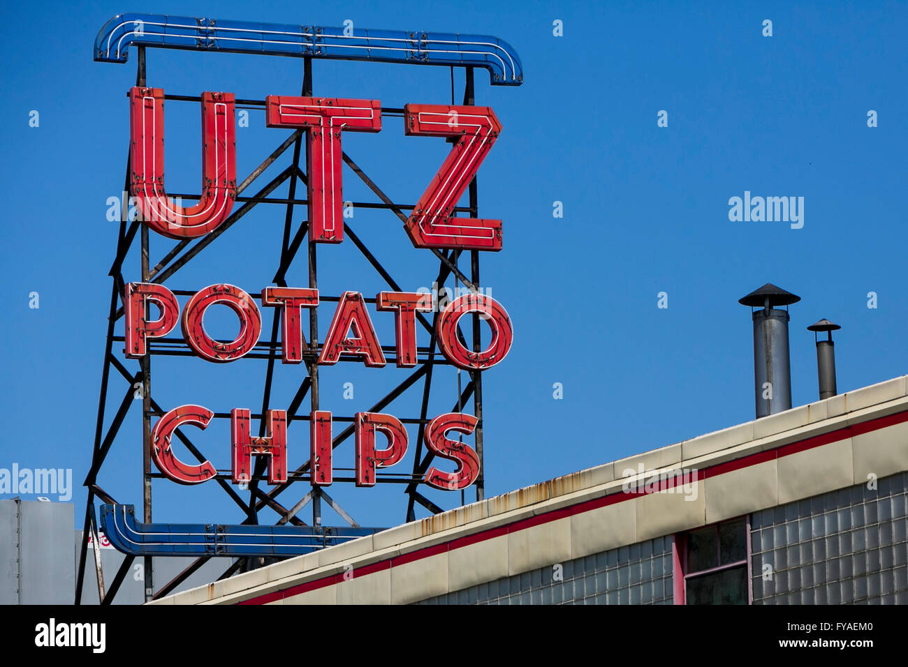 A logo sign outside of a facility occupied by Utz Quality Foods, Inc., in Hanover, Pennsylvania on April 17, 2016. Stock Photo