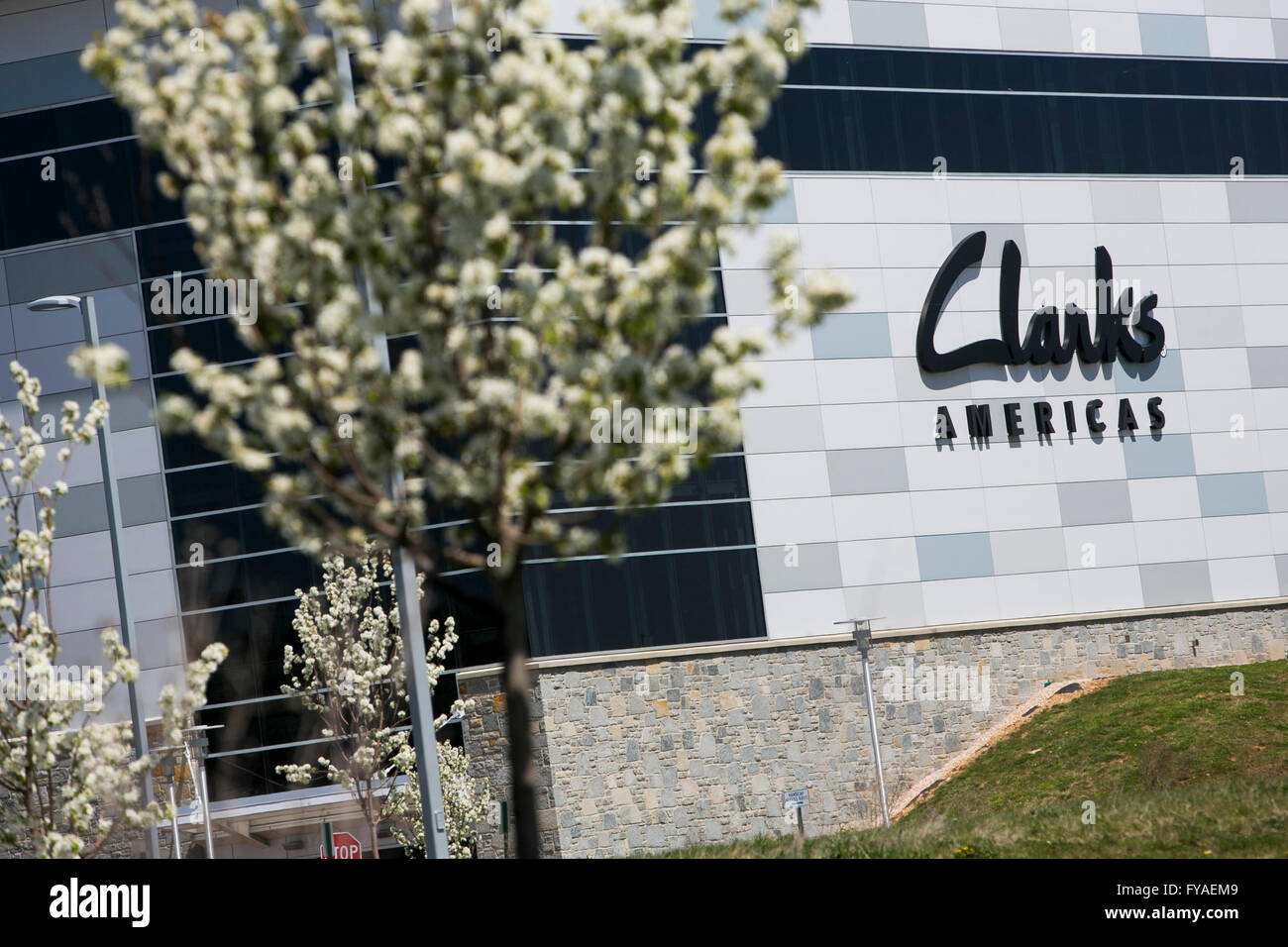 A logo sign outside of a facility occupied by the shoe manufacturer Clarks Americas in Hanover, Pennsylvania on April 17, 2016. Stock Photo