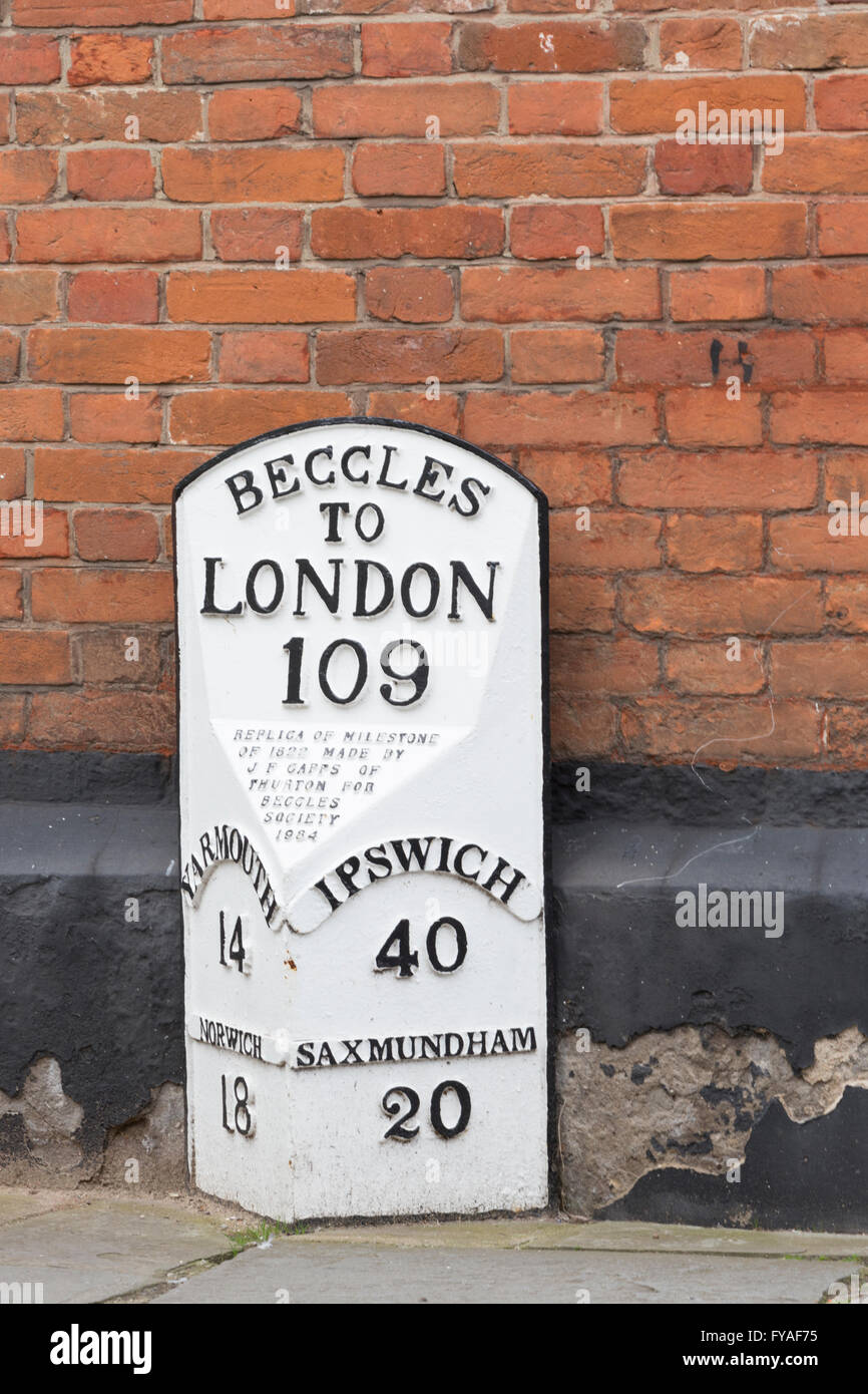 Historic road milepost in Beccles, Suffolk, England,UK Stock Photo
